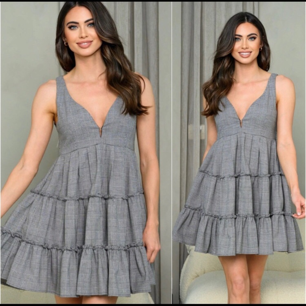 High quality women’s cotton blend mini houndstooth plaid dress - Picture 1 of 3